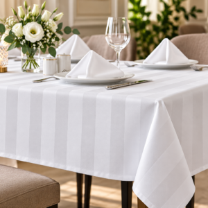 Față de Masă Albă 160x240 cm, 100% Bumbac Damasc, Dungi Late Hotel