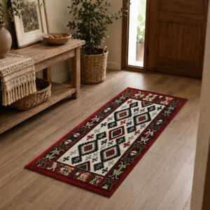 Covor traditional, cu doua fete, dimensiunea 60 x 120cm, rosu-bej