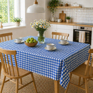 Față de masă bumbac 100%, albastru, 160×220 cm, model geometric, tratament teflon, rezistentă la pete