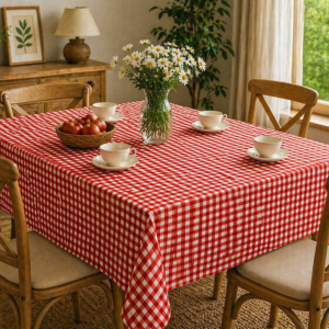 Față de masă bumbac 100%, rosie, 120×160 cm, model geometric, tratament teflon, rezistentă la pete