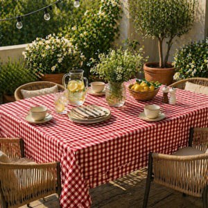 Alternative view of Față de masă bumbac 100%, rosie, 120×160 cm, model geometric, tratament teflon, rezistentă la pete