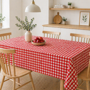Față de masă bumbac 100%, rosie, 160×220 cm, model geometric, tratament teflon, rezistentă la pete