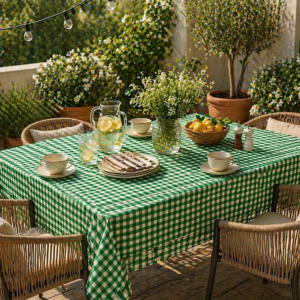 Față de masă bumbac 100%, verde, 120×160 cm, model geometric, tratament teflon, rezistentă la pete