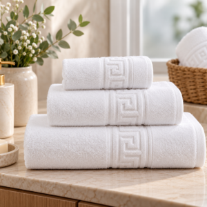 Set 3 Prosoape de Baie Albe, 30×50 cm, 50x90 cm, 70x140 cm, Greek Border, 500 g/mp