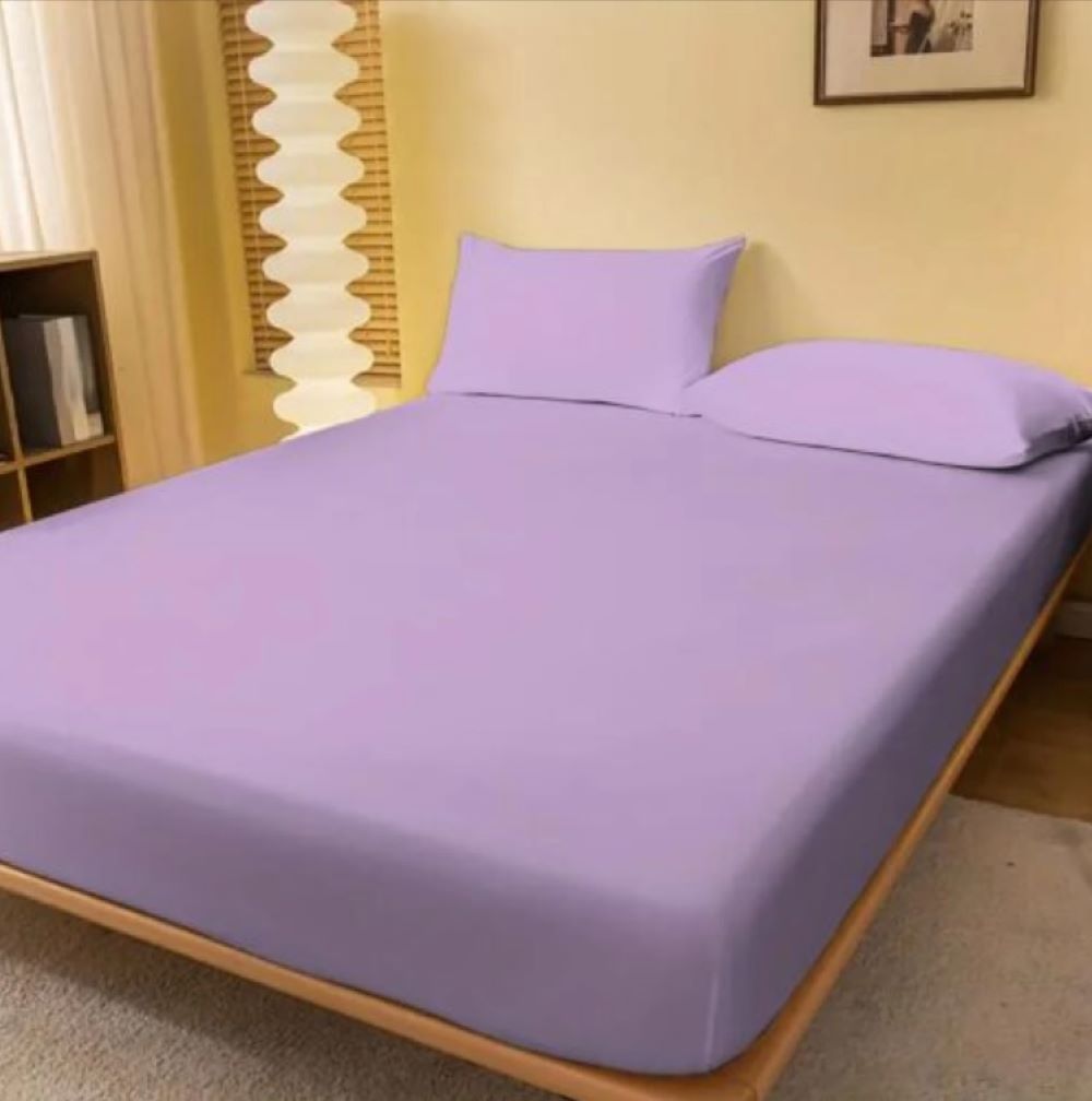 Set Husa de pat din tricot cu elastic 180x200 cm+2 fete de perna 50x70 cm, bumbac 100%, lila