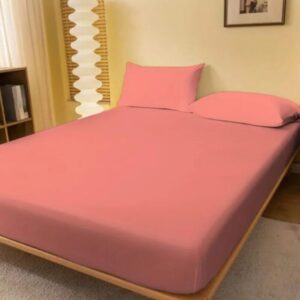 Set Husa de pat din tricot cu elastic 180x200 cm+2 fete de perna 50x70 cm, bumbac 100%, roz