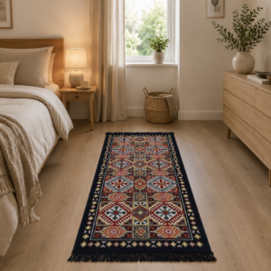 Covor traditional, cu doua fete, dimensiunea 60x150 cm, bleumarin-bej