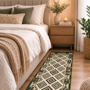 Covor traditional, cu doua fete, dimensiunea 60x150 cm, verde-bej