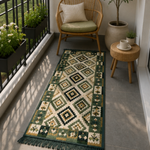 Alternative view of Covor traditional, cu doua fete, dimensiunea 60x150 cm, verde-bej