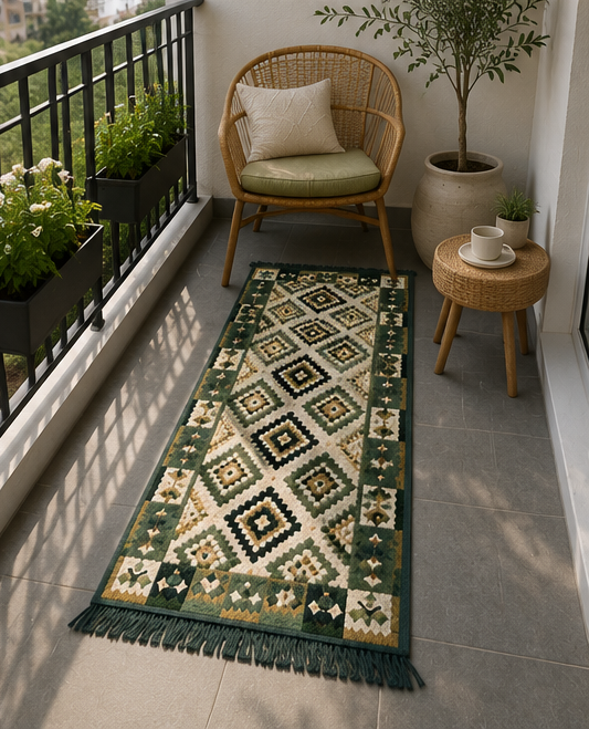 Covor traditional, cu doua fete, dimensiunea 60x150 cm, verde-bej - imagine 2