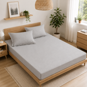 Husa de Saltea Universala 160x200 / 180x200 cm, Damasc cu 2 Fete de Perna 50x70 cm, gri deschis