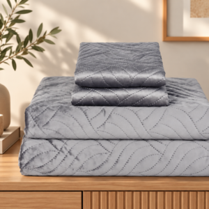 Set Cuvertura de Pat din Catifea 220x240 cm + 2 Fețe de Perna, gri