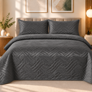 Set Cuvertura de Pat din Catifea 220x240 cm + 2 Fețe de Perna, gri antracit - imagine 2