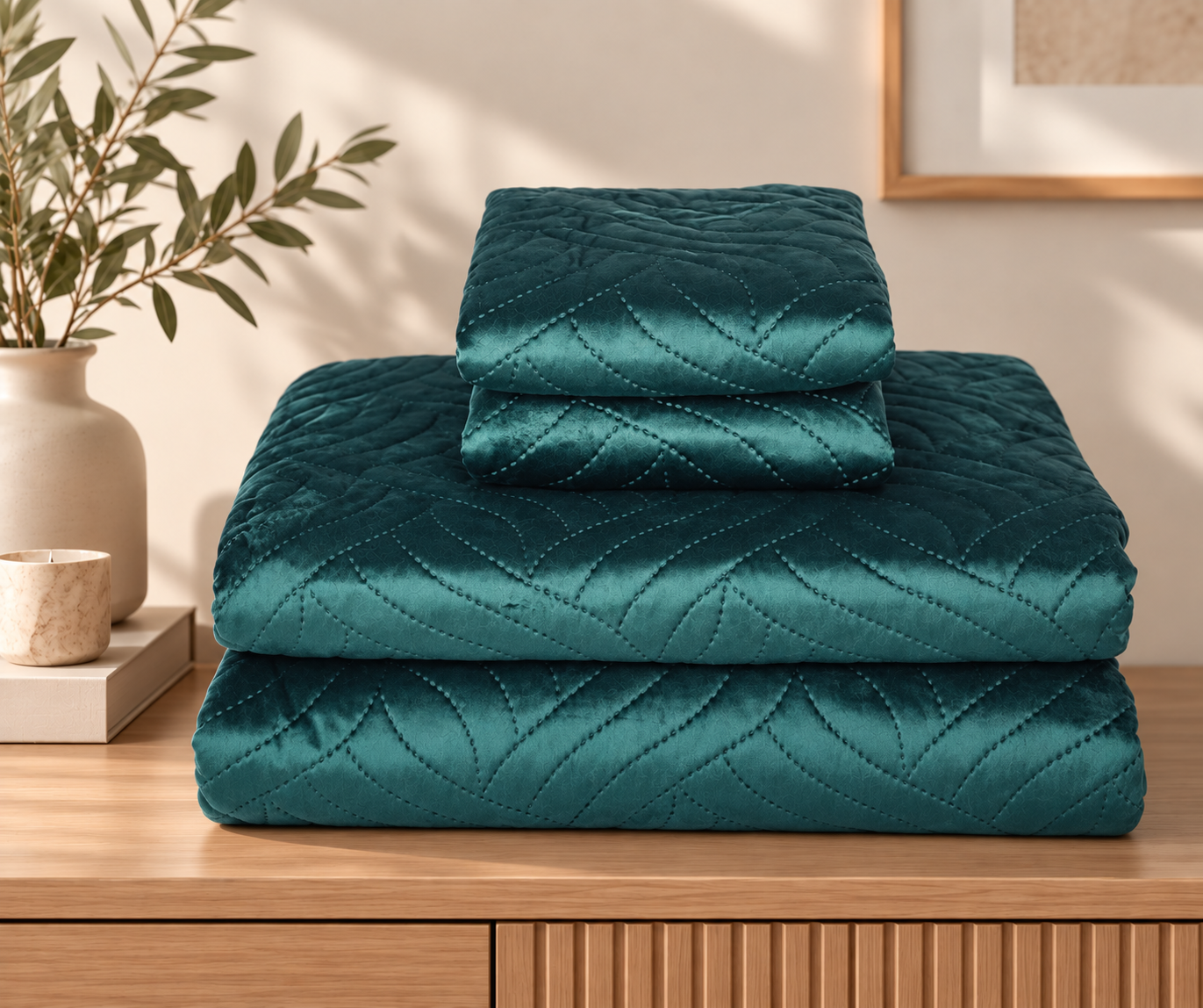 Set Cuvertura de Pat din Catifea 220x240 cm + 2 Fețe de Perna, verde - imagine 2