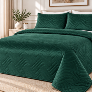 Set Cuvertura de Pat din Catifea 220x240 cm + 2 Fețe de Perna, verde