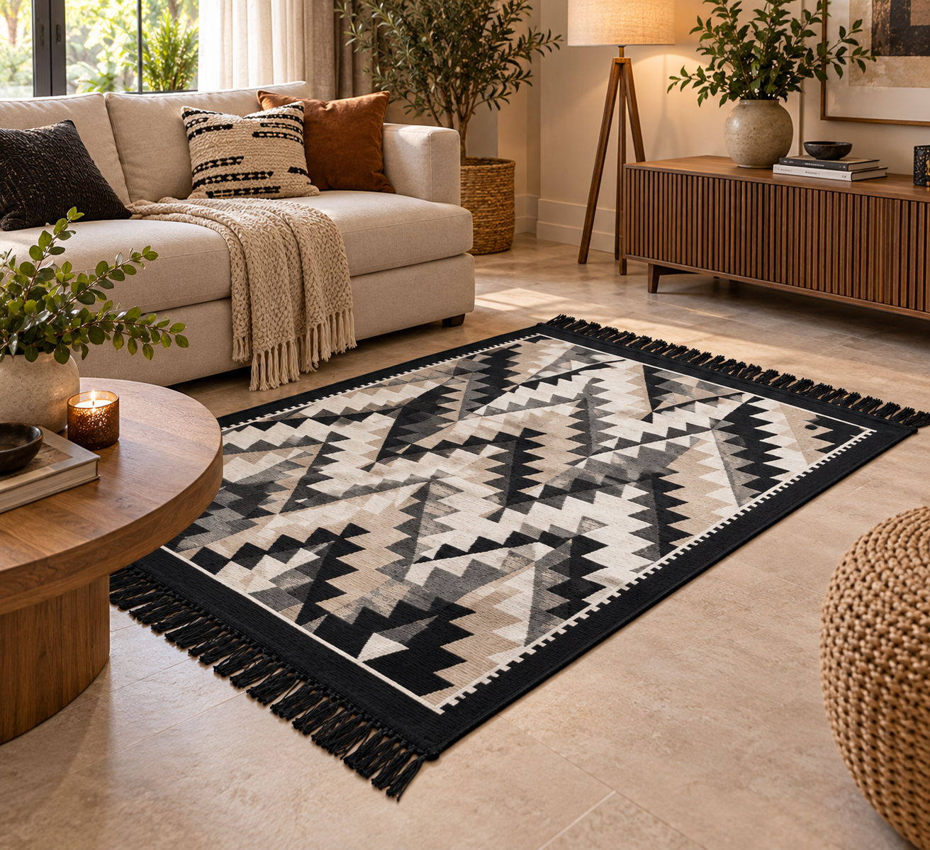 Covor traditional, cu doua fete, dimensiunea 120x180cm, negru-bej - imagine 2
