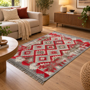 Alternative view of Covor traditional, cu doua fete, dimensiunea 120x180cm, rosu-gri
