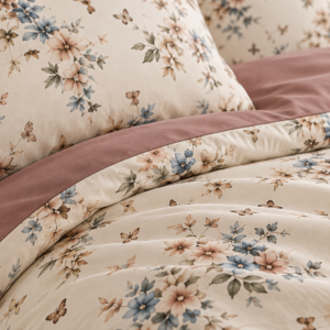 Lenjerie de Pat 2 Persoane 100% Bumbac, 4 Piese – Imprimeu Floral bej - imagine 2