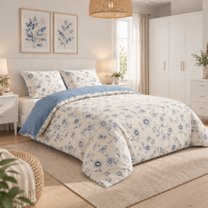 Lenjerie de Pat 2 Persoane 100% Bumbac, 4 Piese – Imprimeu Floral Bleu - imagine 2