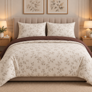 Lenjerie de Pat 2 Persoane 100% Bumbac, 4 Piese – Imprimeu floral maro