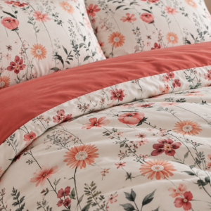 Lenjerie de Pat 2 Persoane 100% Bumbac, 4 Piese – Imprimeu floral portocaliu