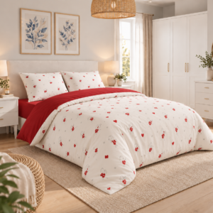 Lenjerie de Pat 2 Persoane 100% Bumbac, 4 Piese – Imprimeu inimi rosii